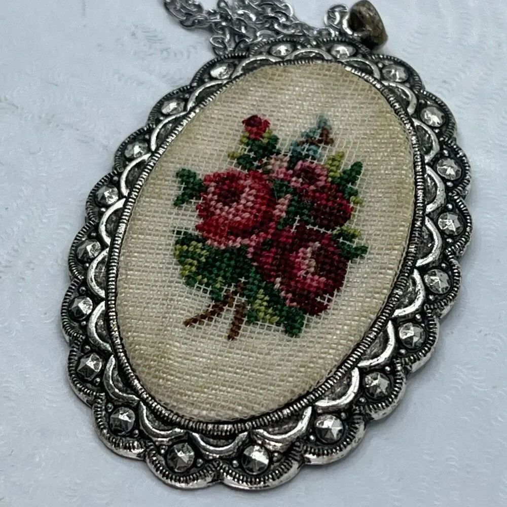 Vintage tiny embroidered rose pendant on stainless chain